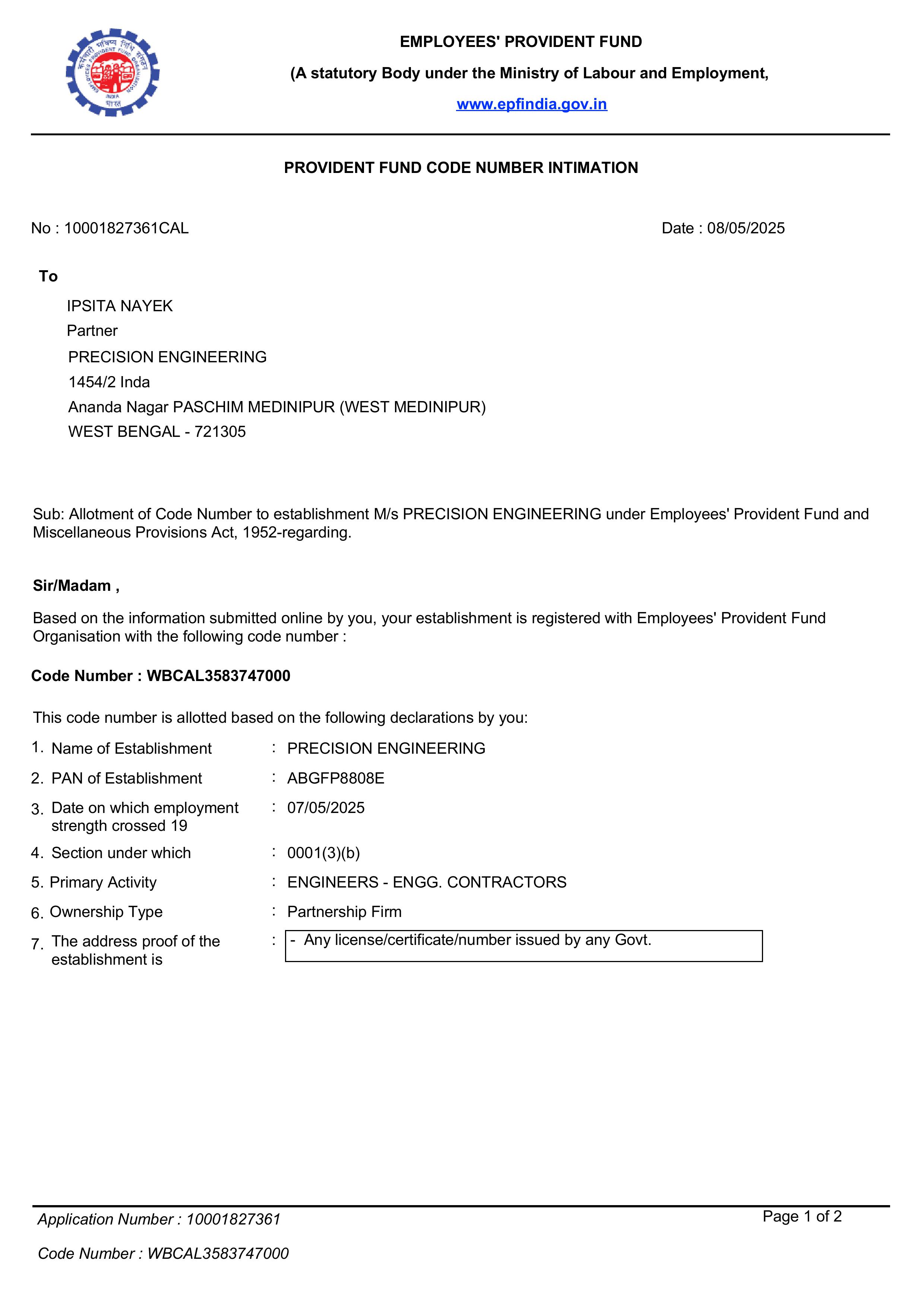 Employees Provident Fund Registration Certificate