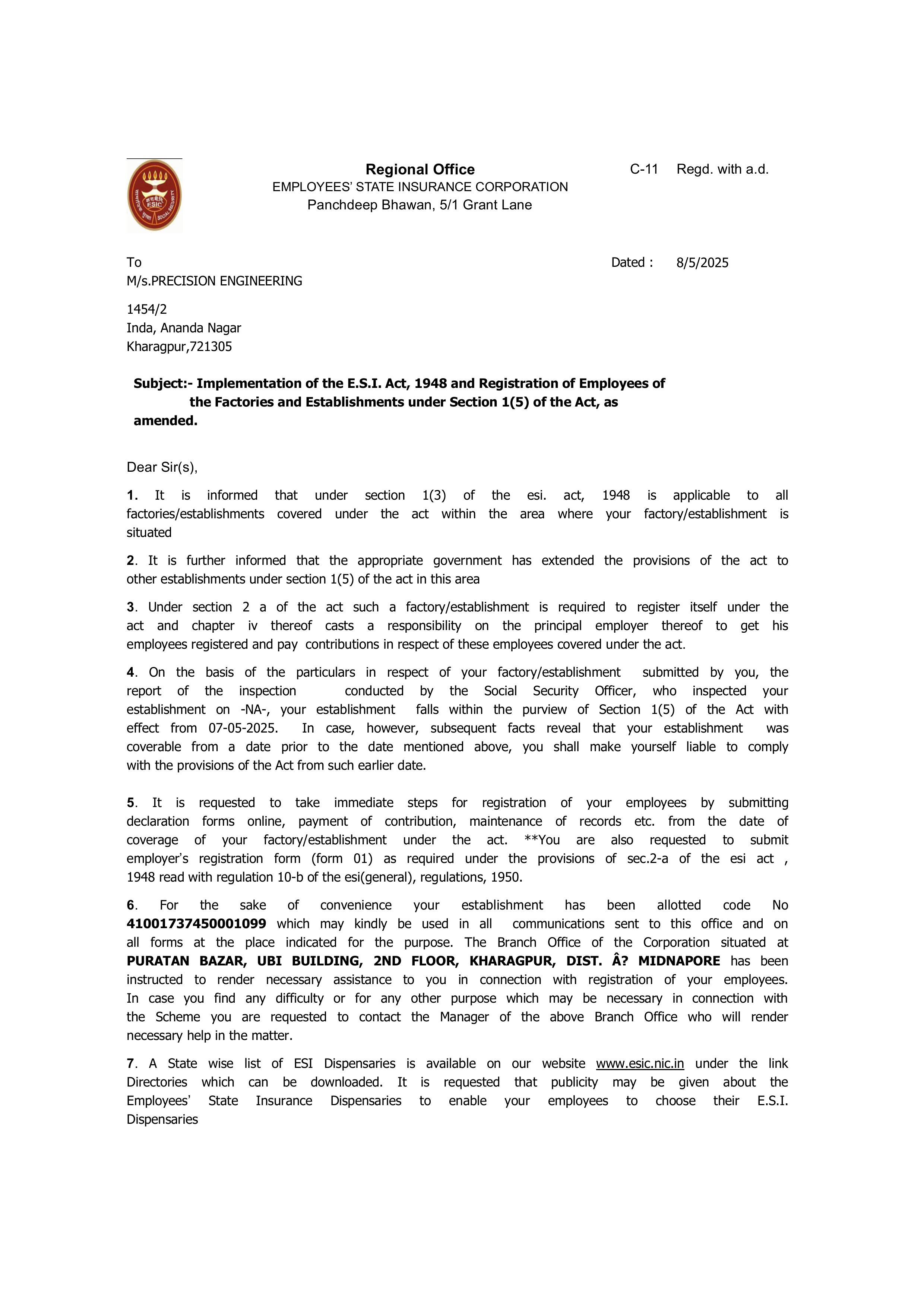 Employee State Insurance Registration Certificate
